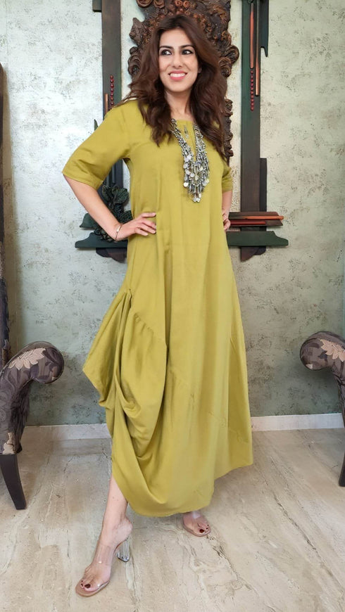 Indo Western Mustard Green Dress With Necklace